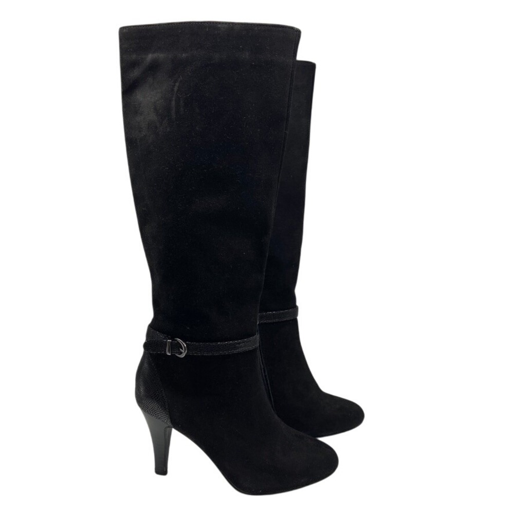 Alfani Boots Sz 6.5 Tosha Black Suede Leather Snakeskin Detail‎ Heel Knee High